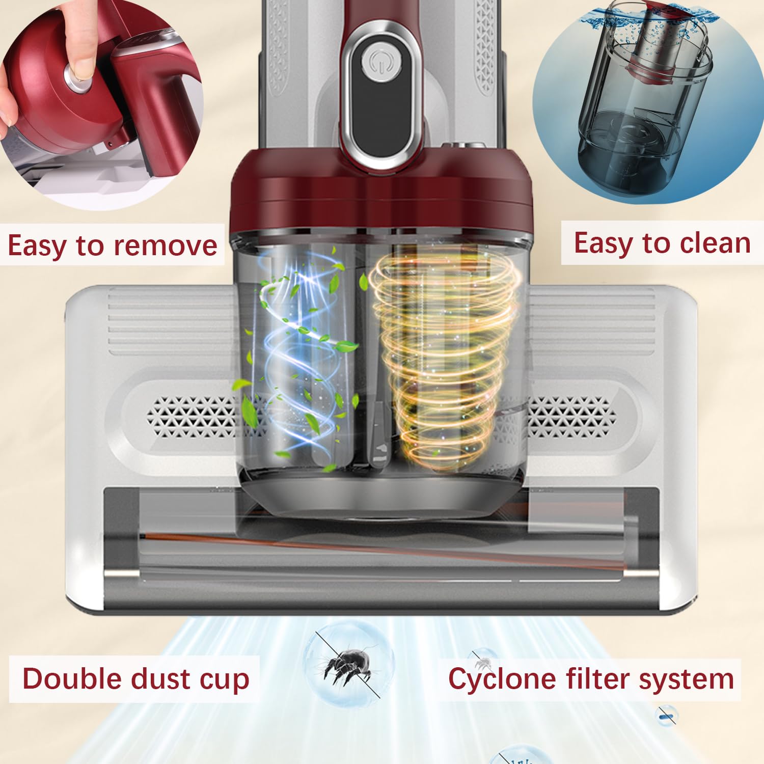 FEVORCS Aspiratore per materassi con luce UV, aspiratore materasso con doppio rullo, potenza di aspirazione superiore 500 W, doppio contenitore di polvere da 600 ml