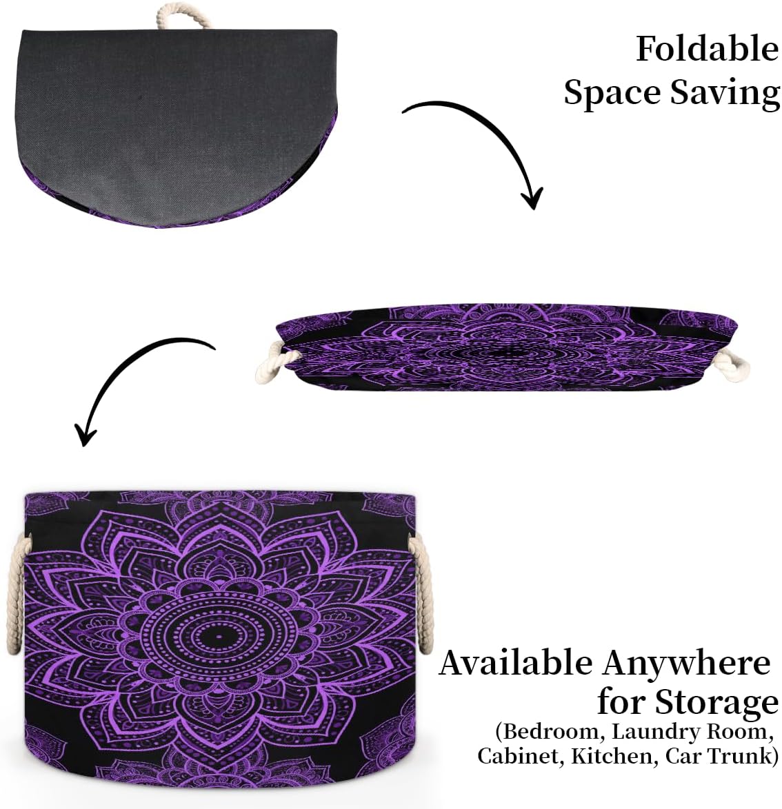 Large Storage Baskets - Purple Mandala Nursery Round Collapsible Organizer Bin Box, Laundry Hamper for Kids Toys, Blanket, Bedroom Living Room Home Decor, Gift Basket, 19.4"x13.3"