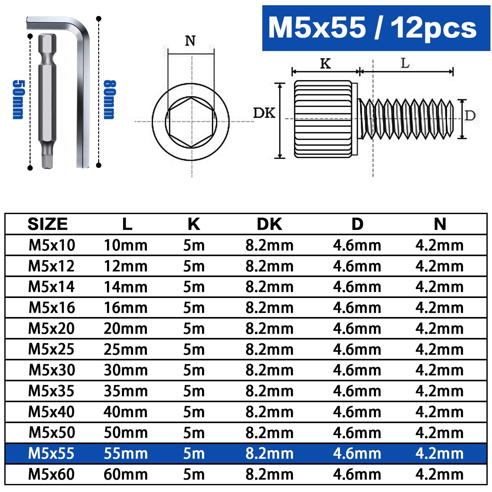 TXXATX M5 Screws Allen Socket Head Cap Screws M5x55 mm - Image 2