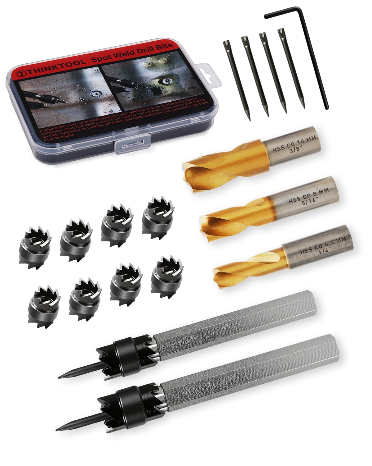 18 PCS Spot Weld Cutter Sets Double Sided, 3/8" and 5/16" HSS Spot Weld Cutter Remover Drill Bits with Hex Shank, Titanium Coated Cobalt Spot Weld Drill Bit Set Kit 6.5MM 8MM 10MM