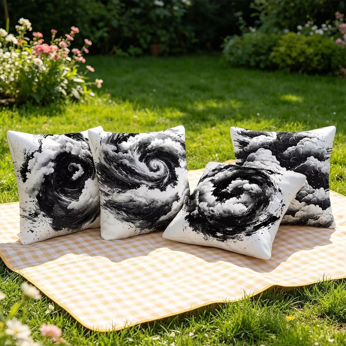 Federe Cuscino Divano 60x60, Grigio Cuscini per Divano da Esterno Set da 4, Lino Copricuscini Divanos Impermeabile, Copri Cuscini Nuvola Motivo Fronte Retro Stampato per Giardino, Sofá, Balcón, G-89