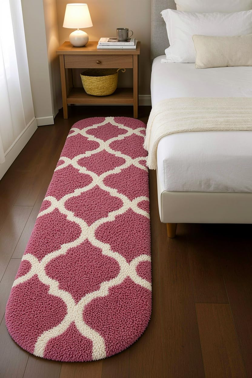 Luxury Soft Shaggy Oval Rug, Geometric Design, Pink, Plush High-Pile Bedroom Carpet, Guest Room (1.5x4)-image-31