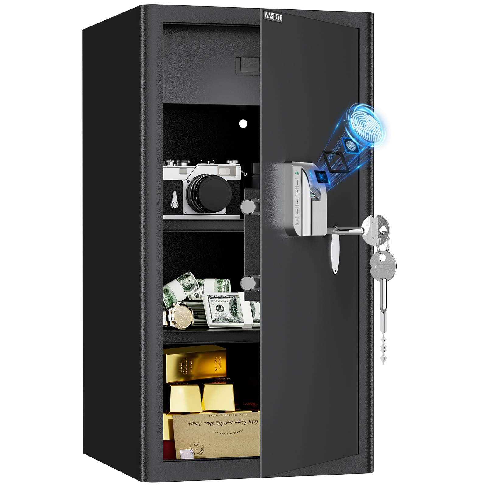 WASJOYE 103L Großer Fingerabdruck Tresor für Zuhause, Safe mit Feuerfeste Schublade, Biometrischer Möbeltresore, Tresor mit 2 Schlüssel, Büro Hotel Geld Dokument Schmuck Reisepass, 70 * 37 * 40cm