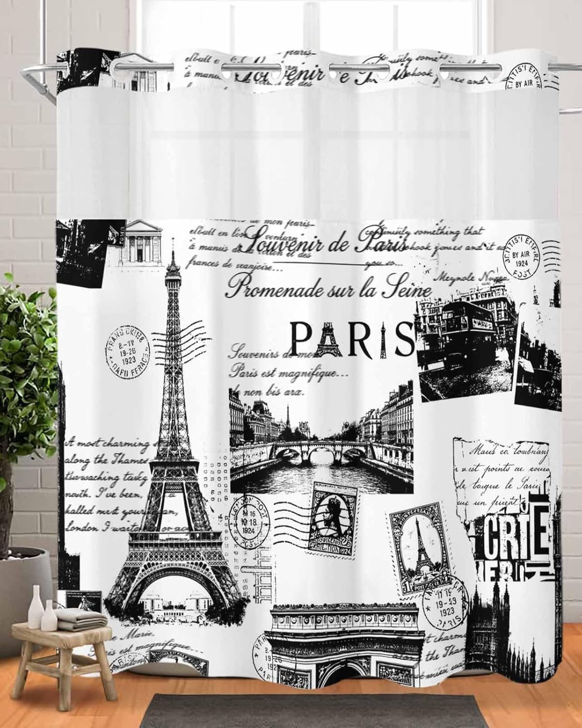 No Hook Shower Curtain with Snap in Fabric Liner Set- Vintage Paris Gray Architectural Bathroom Curtains with See Through Mesh Top Window, Modern Abstract Art Waterproof Double Shower Curtain 72x72In