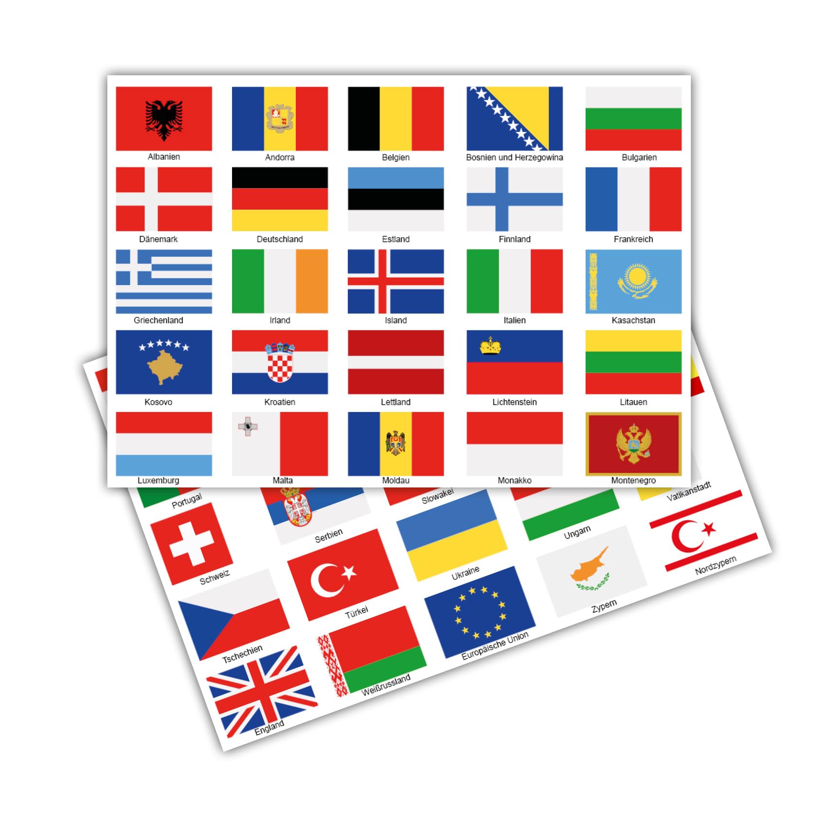50 Länderfahnen Flaggen Set auf 2 Din A4 Bögen jede Fahne 4,9x3,3cm Aufkleber Sticker für Modellbau Fahrrad Auto Motorrad Deko Länder R108 (Europa)