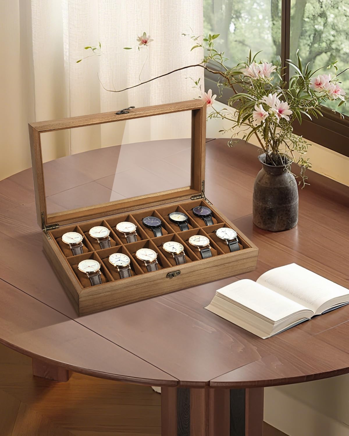 Uten Caja de Relojes con 12 Compartimentos, Caja para Reloje Madera, Tapa de Vidrio y Almohada Algodón Seda, Forro Marrón, para Exhibición y Almacenamiento de Relojes Joyería, Regalo Ideal