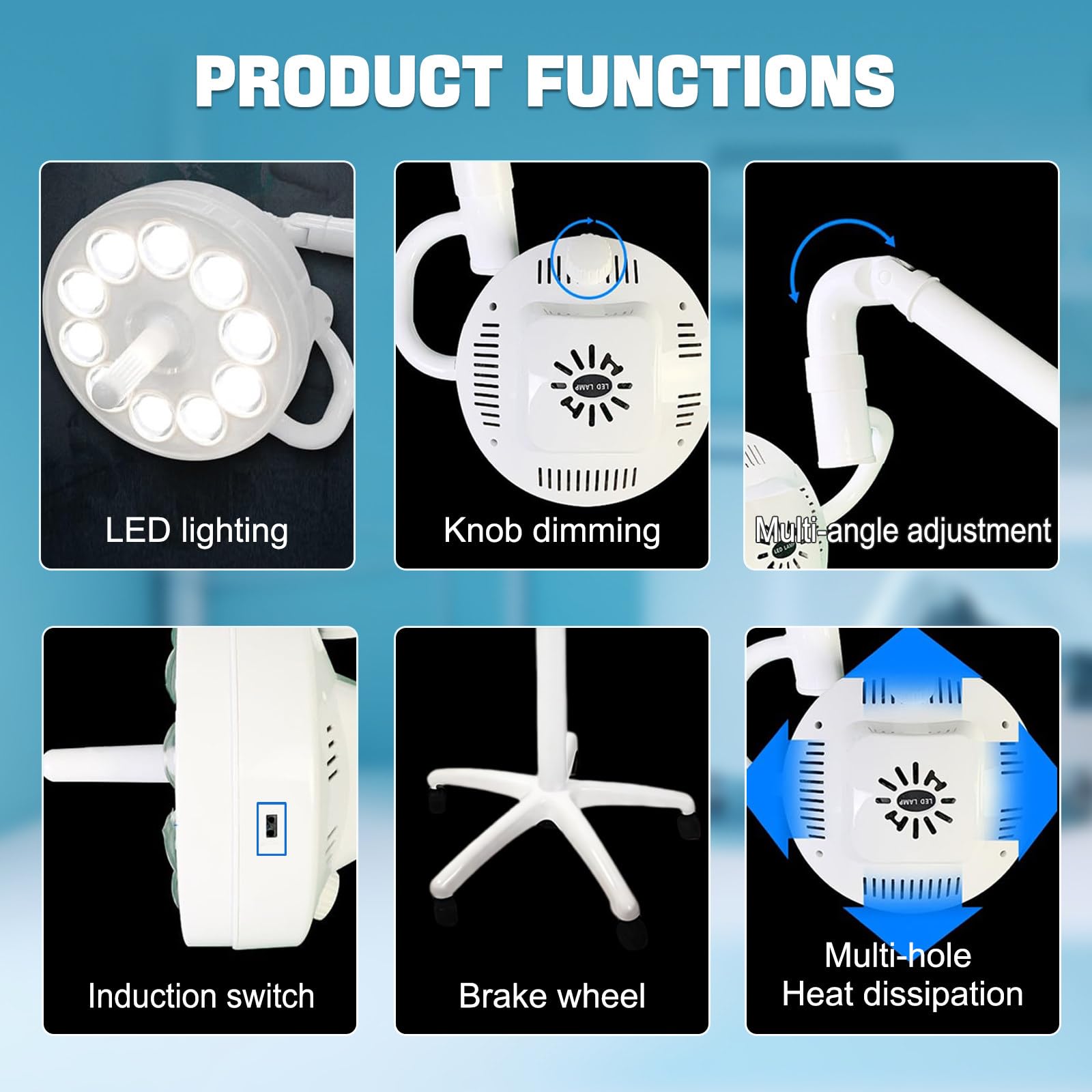 Lámpara móvil LED sin Sombras, Lámpara de Examen móvil, con 5 Ruedas giratorias, Plegado y rotación Flexible, para iluminación Auxiliar en hospitales, clínicas dentales