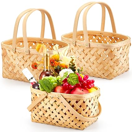 Sintuff 3 Pcs Small Wicker Picnic Basket Picnic Baskets Woven Empty Storage Basket with Handle Garden Harvest Basket for Outdoor, Easter Gifts Egg Flower Kitchen, Gathering, Shopping Supplies