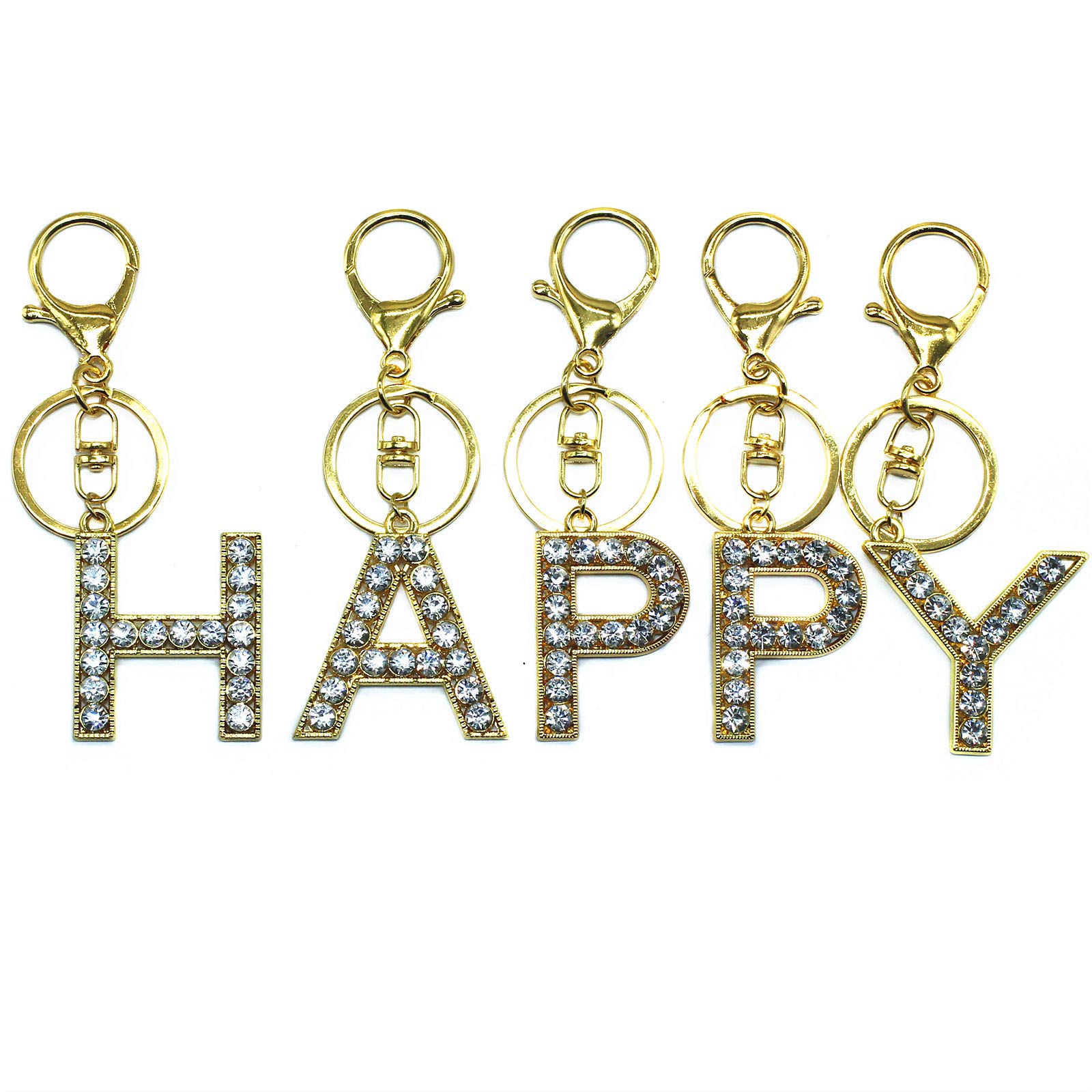ZHU YU CHUN 5Pcs Gold Initial Letter Keychain, Alphabet HAPPY Charm, Crystal Rhinestone Keyring Purse Pendant for Handbag Backpack Bag Decoration, Craft Making, Car Keychain Gift (HAPPY).