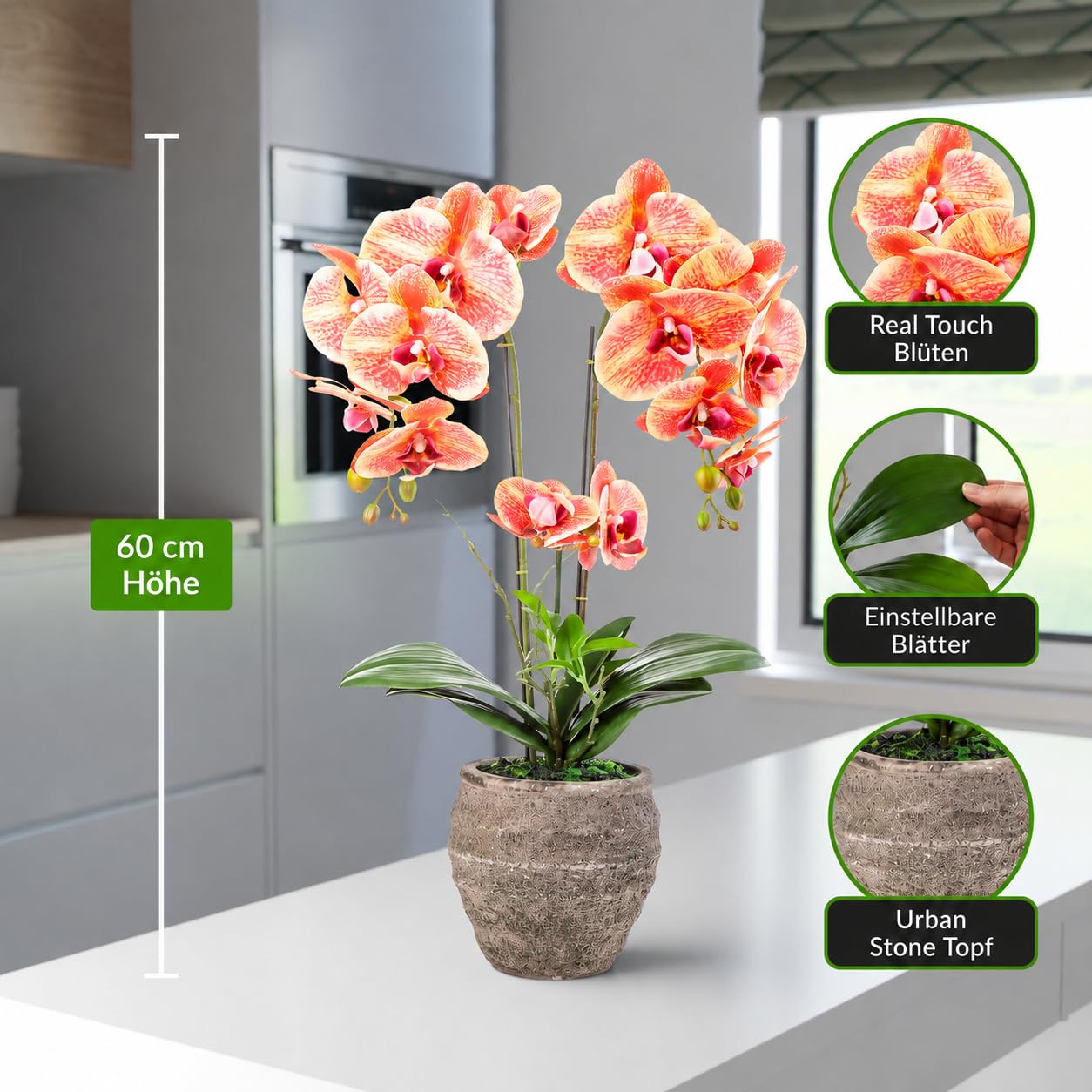 PASCH® Orchideen künstlich (60cm) in handgefertigtem Stone Cube Topf | Kunstblumen wie echt | künstliche Orchideen im Topf | künstliche Blumen im Topf | Kunstblume Orchidee (Orange)