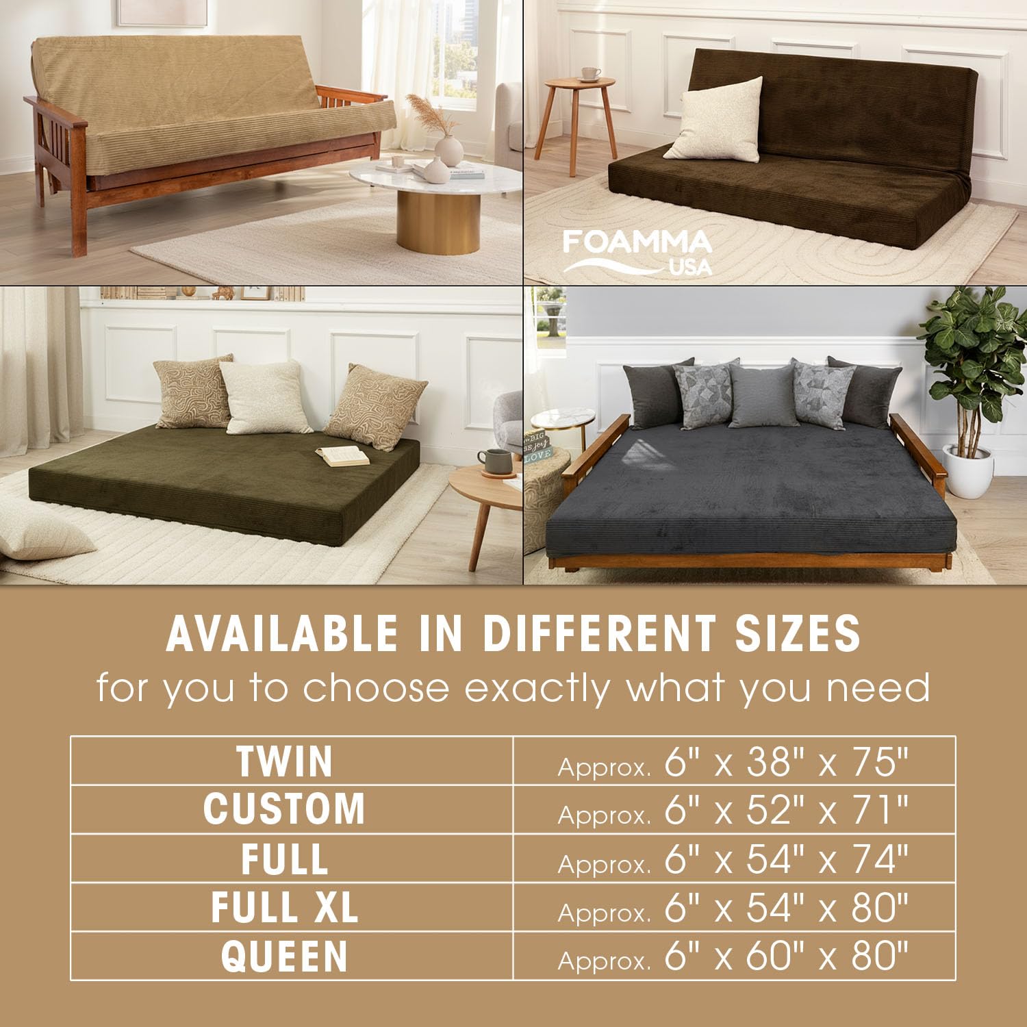 FoammaUSA Premium Corduroy Futon Couch Mattress – Made in USA 6-Inch Memory Foam Infused Easy fold Sofa Bed with Heavy-Duty Zipper & Removable Cover, CertiPUR-US Certified (Frame Not Included)