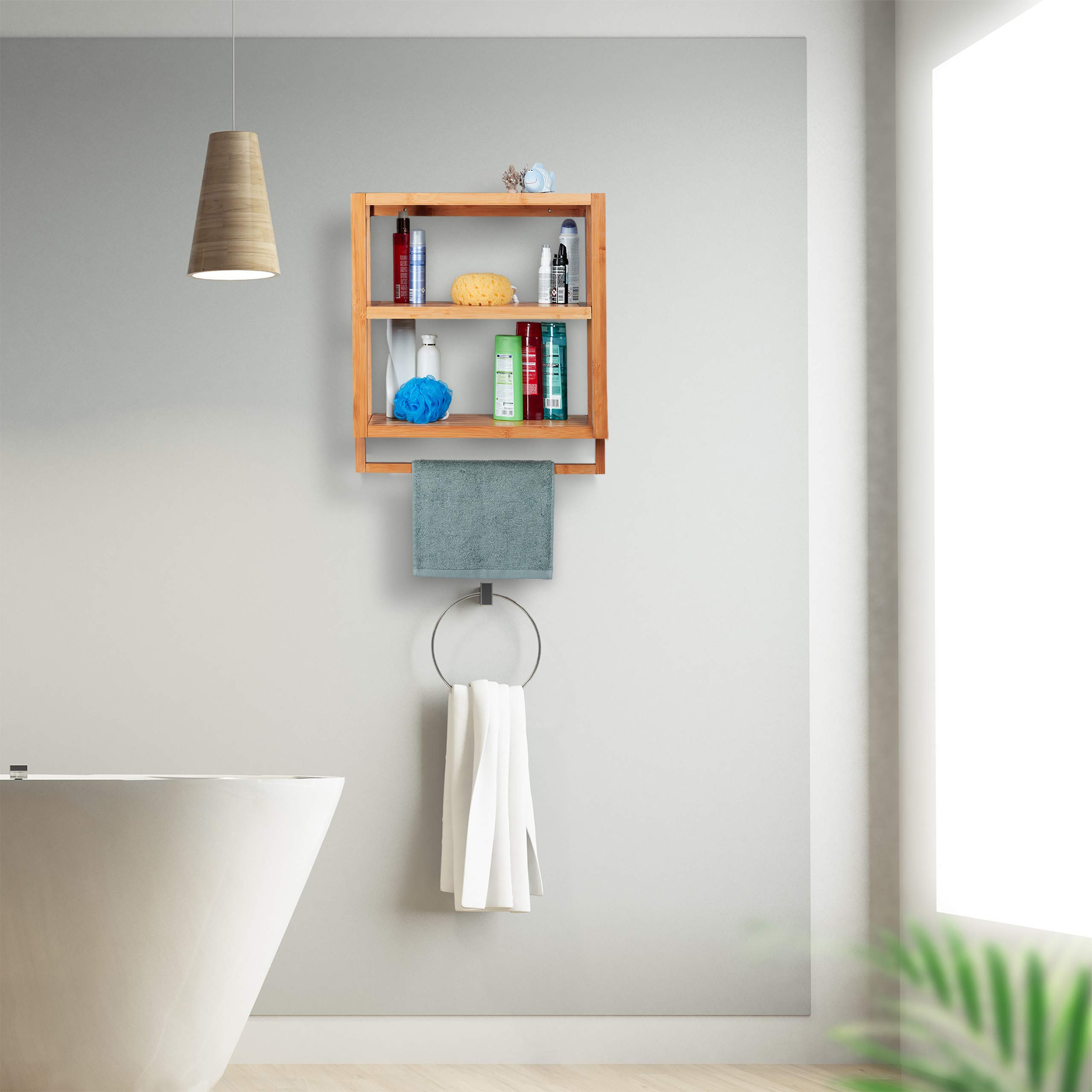 Relaxdays Mensola per Doccia in Bambù, 3 Ripiani, Portasciugamani, Scaffale per Cucina & Bagno, HLP 58,5x52x21cm,legno