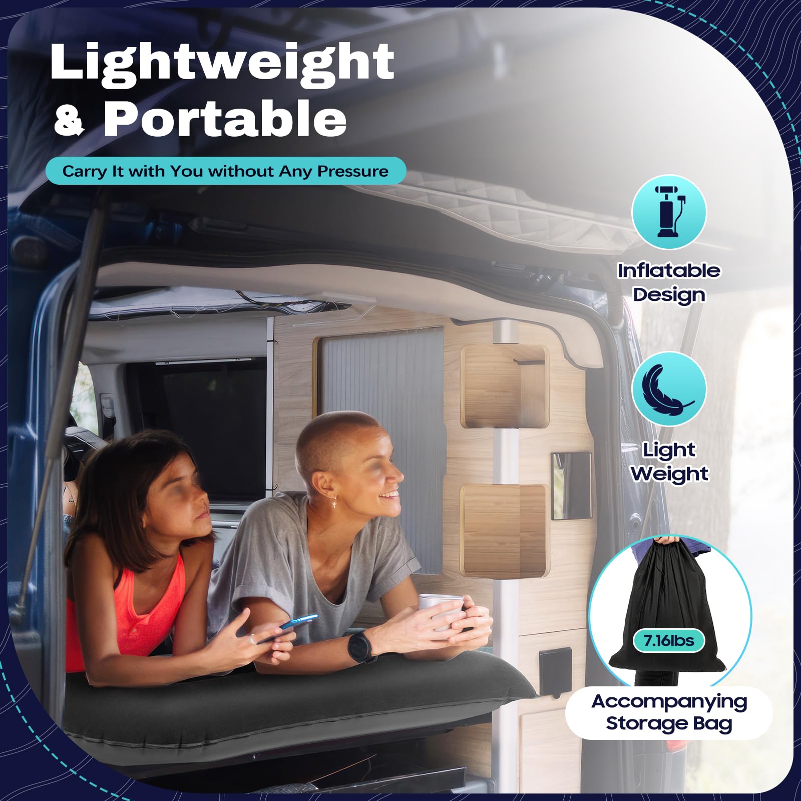 materac samochodowy SUV, składany, z pompką powietrzną i 2 nadmuchiwanymi poduszkami 175 x 130 x 13 cm, max 300 kg, materac nadmuchiwany do samochodów, materac kempingowy z zagęszczonym