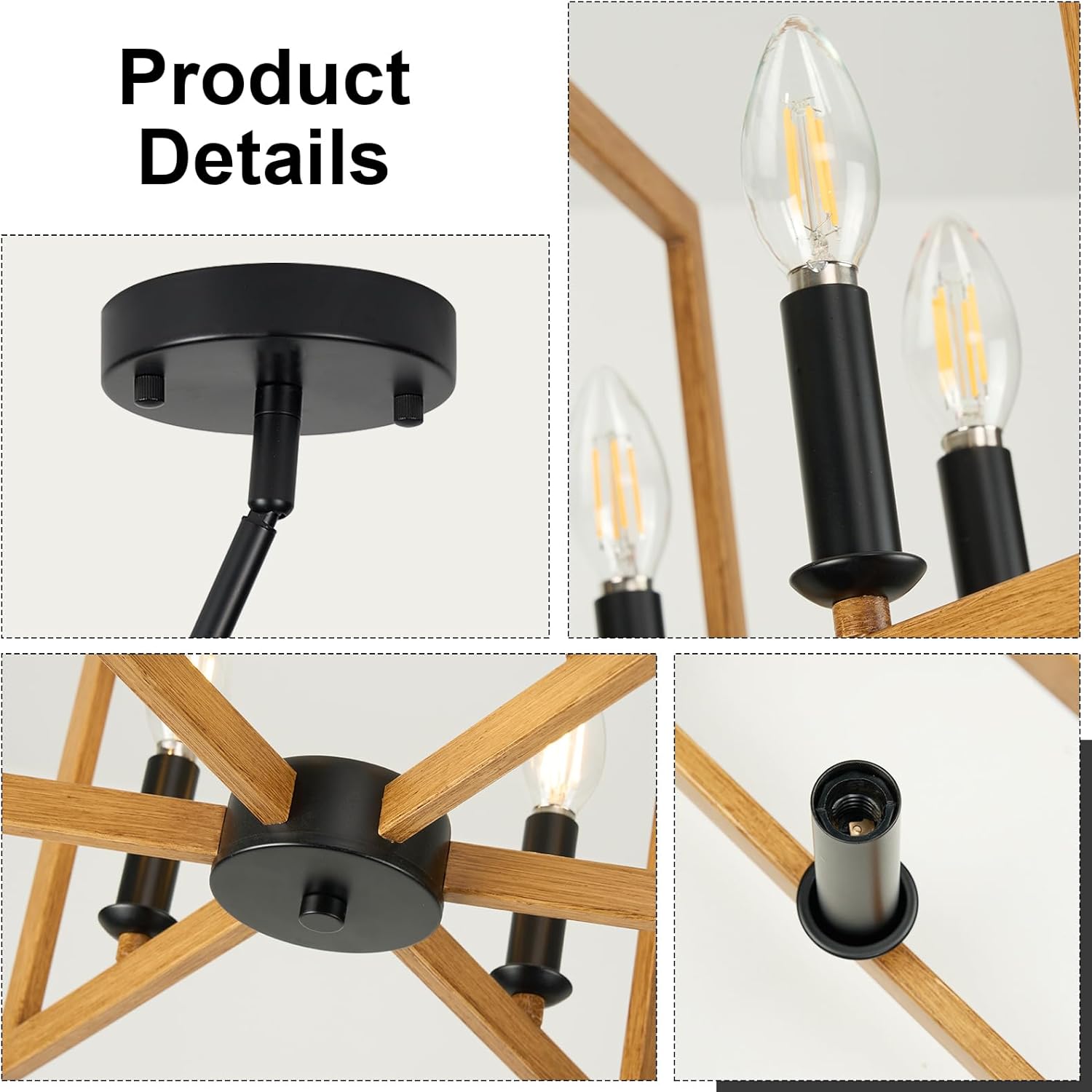 6-Light Farmhouse Chandelier, 21.3 Inch Brown Rustic Chandelier for Dining Room, Adjustable Height Wood Texture Pendant Light for Kitchen Island Entryway Bedroom Hallway