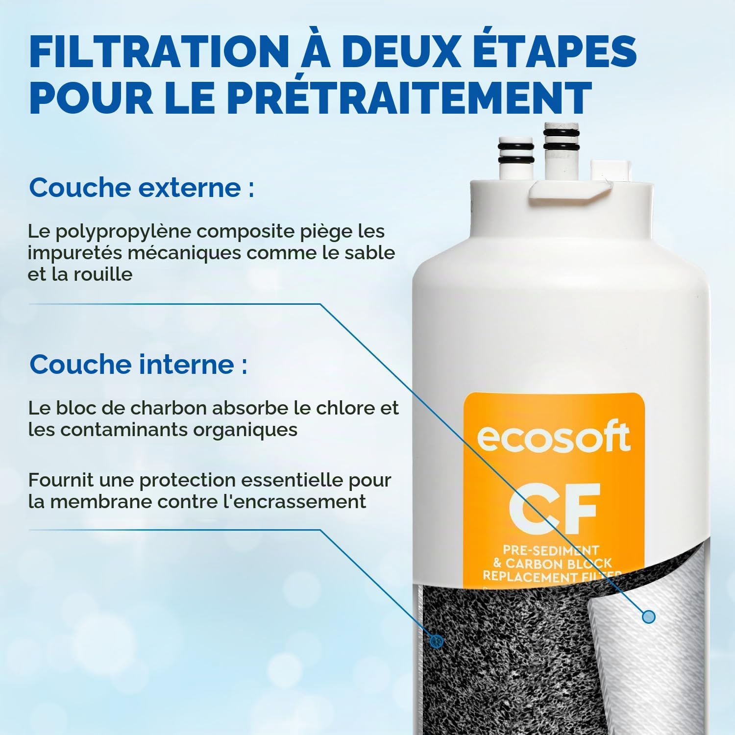 Ecosoft CF Préfiltre complexe pour filtres CROSS, élimination des sédiments et du chlore, installation facile pour système d'osmose inverse CROSS 90, remplacement tous les 12 mois