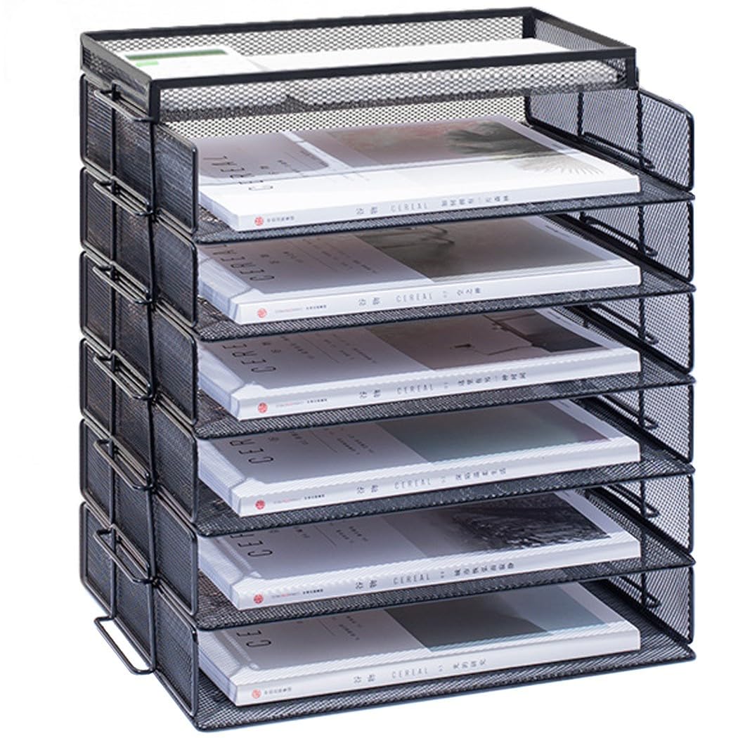 ZESLIV Desk Organiser with File Holder, 6-Tier Paper Organiser with Drawer and Top Box, Mesh Desk File Organiser with Magazine Holder for Office Organiser, Black