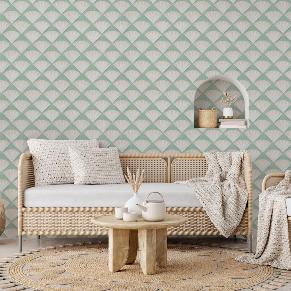 Tempaper Mint Green Deco Shell Removable Peel and Stick Wallpaper, 20.5 in X 16.5 ft, Made in The USA