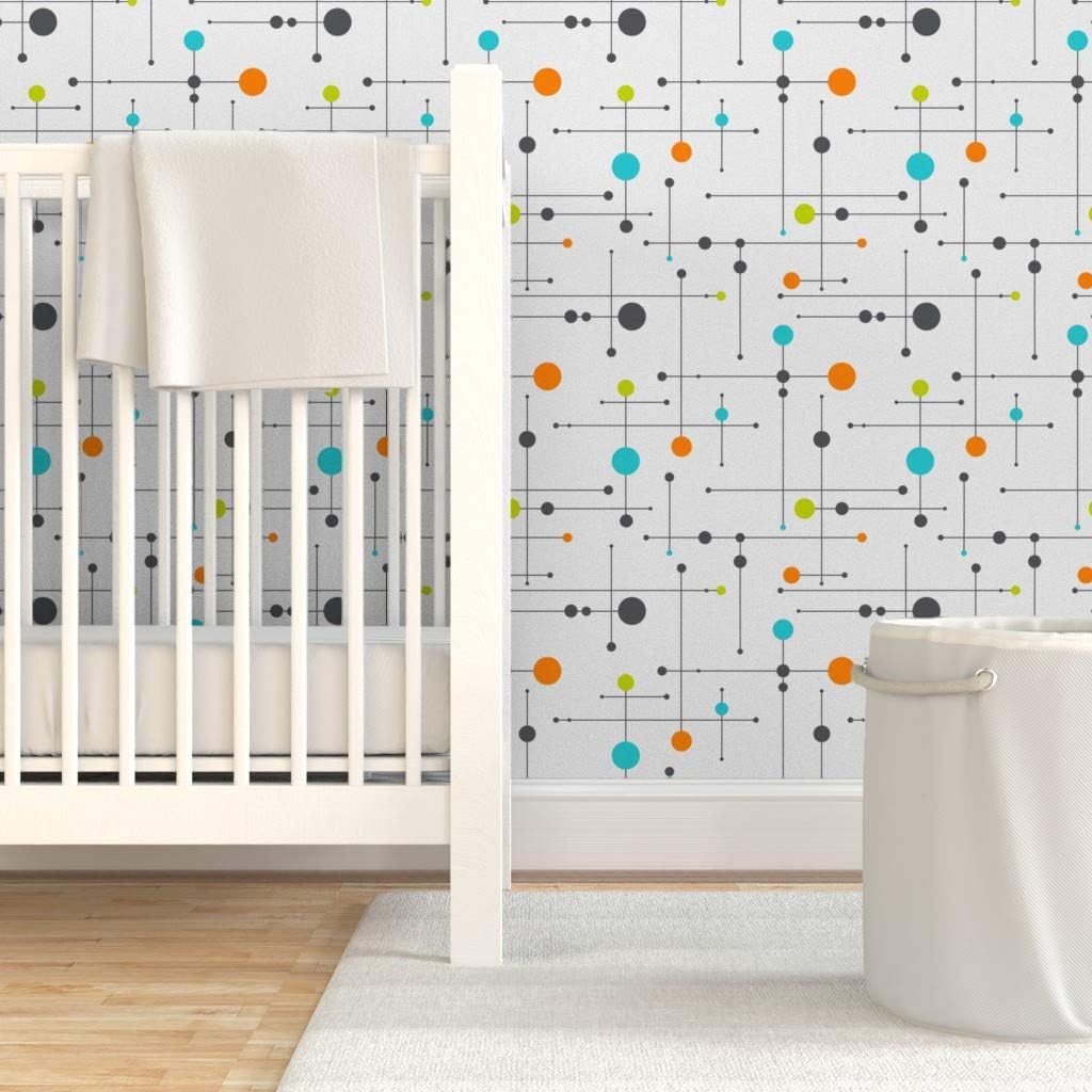 Peel & Stick Wallpaper 12ft x 2ft - Midcentury Modern Orange Grey Turquoise Gray Lime Green Aqua Custom Removable Wallpaper by Spoonflower