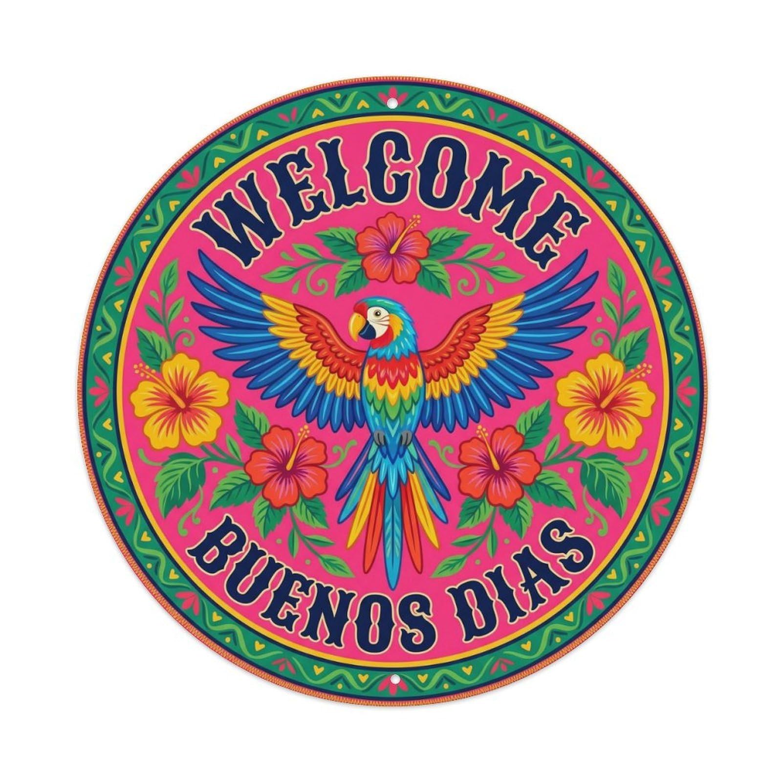 Parrot Spanish Welcome Tropical Buenos Painted Ceramic Metal Tin Sign