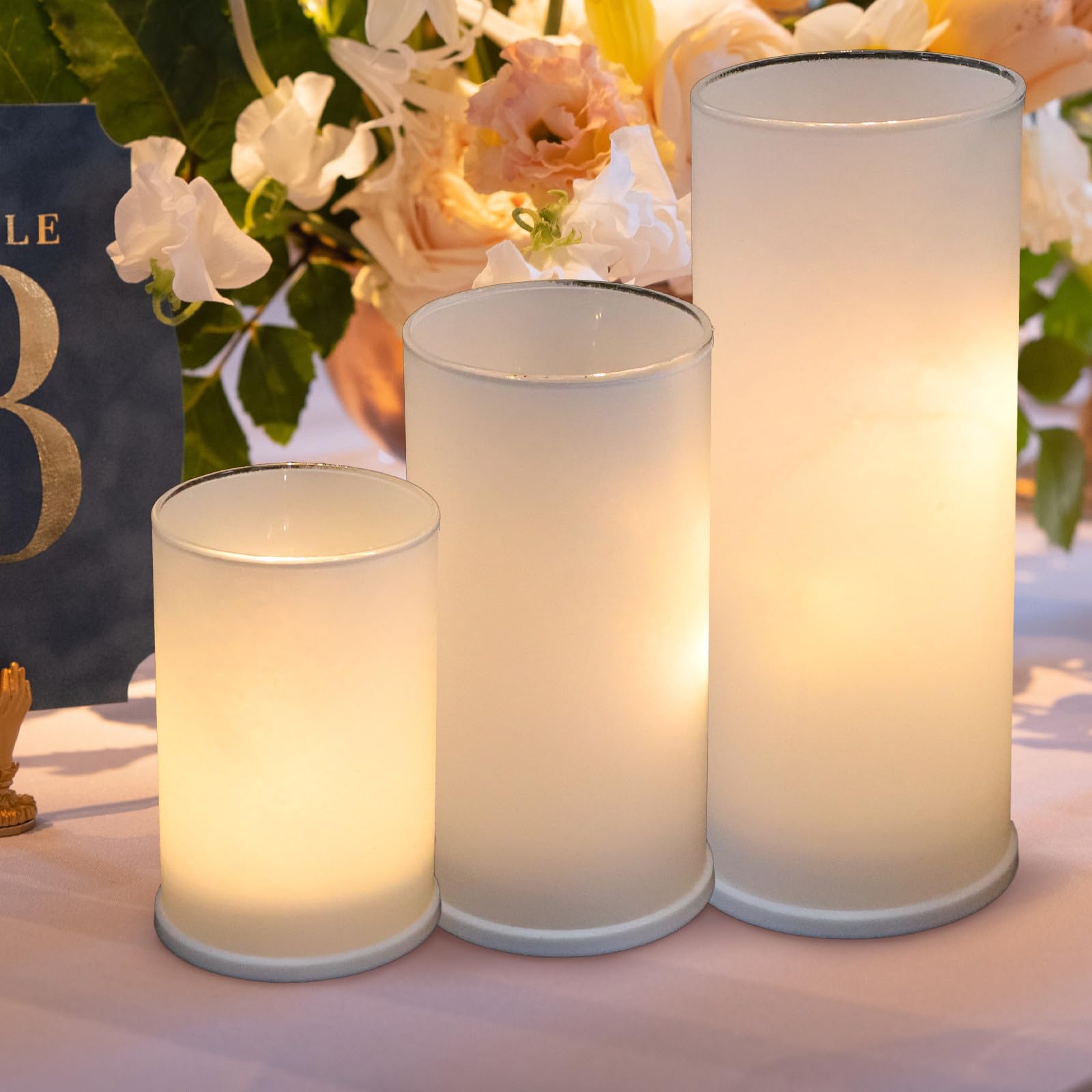 LABRIMP 3 Piezas Velas a Pilas LED Decorativas de Vidrio Blanco sin Goteo para Centro de Mesa en Cenas y Decoración Interior de Hogar