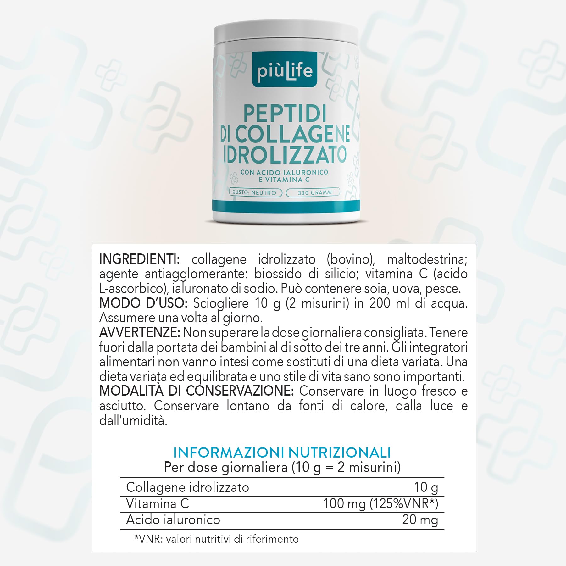 Peptidi di Collagene Idrolizzato in polvere Tipo 1 – 330g con acido ialuronico e vitamina C PiùLife – Integratore collagene bovino puro da bere – Per pelle, capelli, unghie e articolazioni