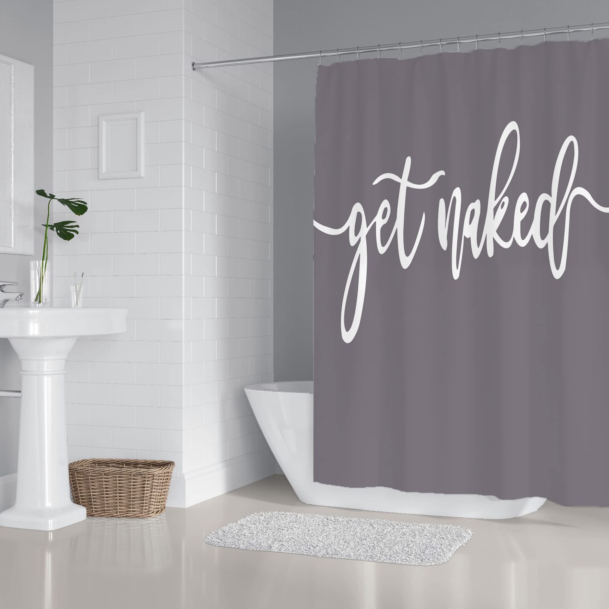 Zengmei 70x70 inches Get Naked Shower Curtain Set Funny Quote Durable Waterproof Polyester Shower Curtain Bathroom Bath Decor Cloth Fabric + 12 Hooks(