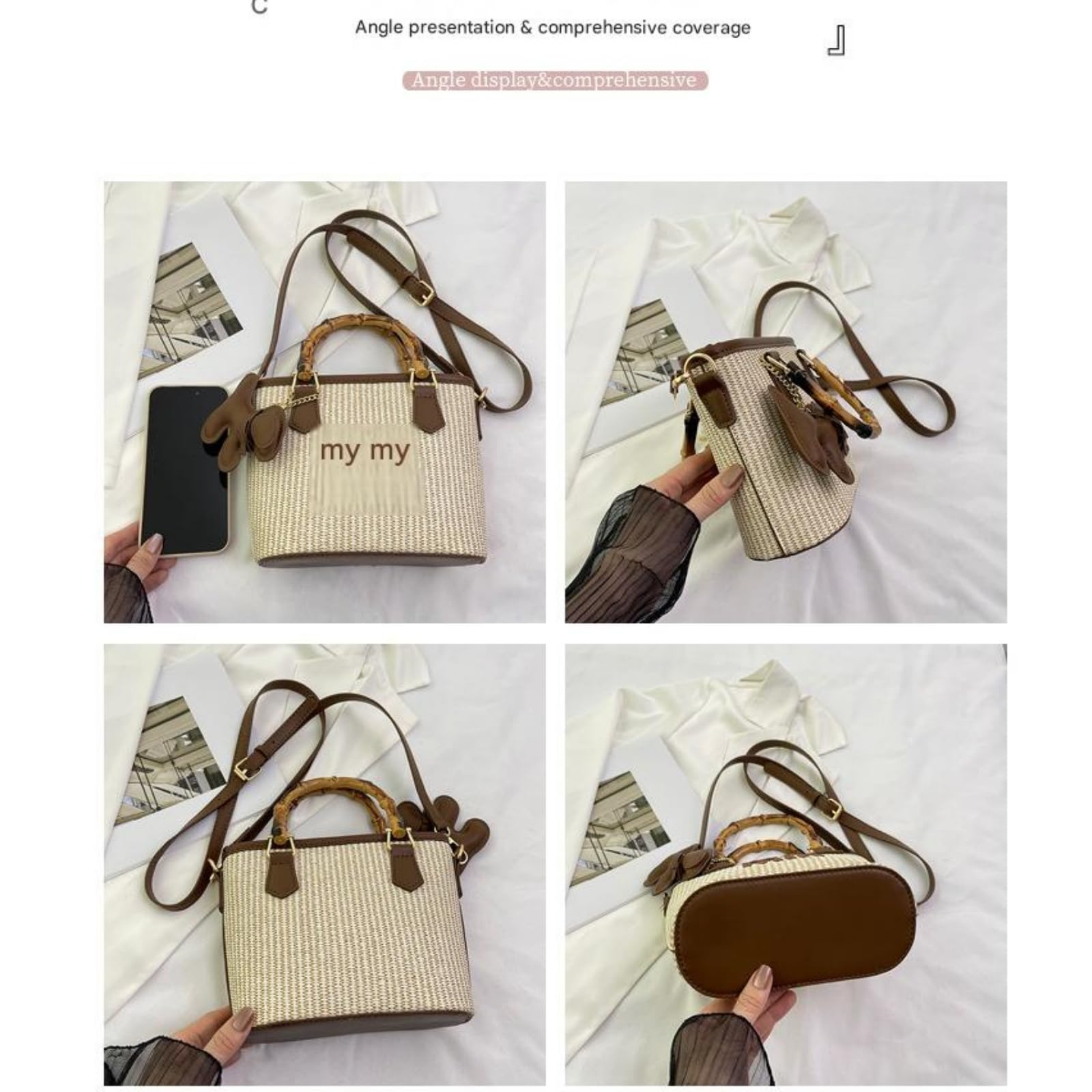 Borsa A Tracolla per Verdure in bambù Intrecciato Paglia Color Block Moda Primavera Estate-Nero