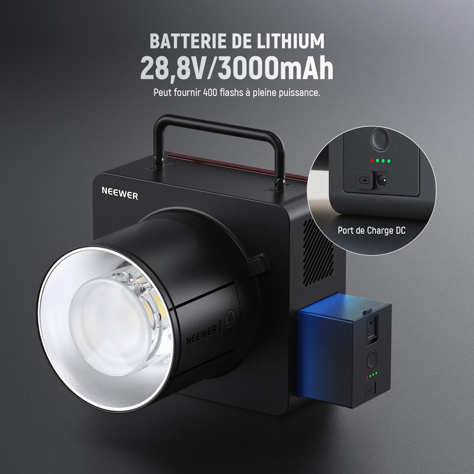 NEEWER Q6 600Ws 2,4GHz TTL Flash Studio extérieur avec app contrôle,Compatible avec Godox,Vitesses d'obturation 1/1 à 1/512,1/8000 HSS,Lampe Pilote LED Bicolore 30W,Temps Recharge de 0,01 à 0,9s
