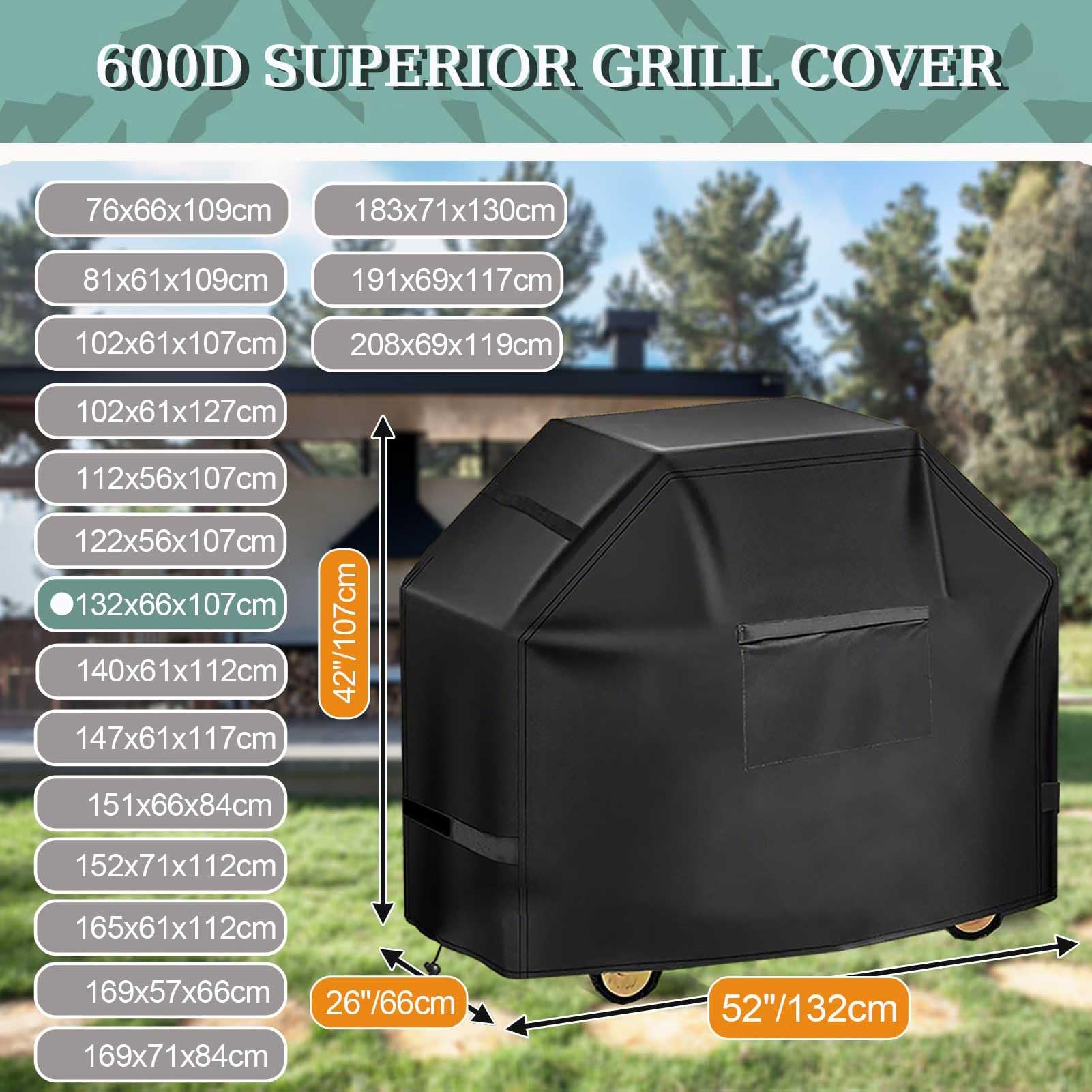 Copertura impermeabile per barbecue a gas da 90/120/140/160 cm, adatta per Brinkmann Serie 300, per barbecue da esterno, colore grigio, 132 x 66 x 107 cm