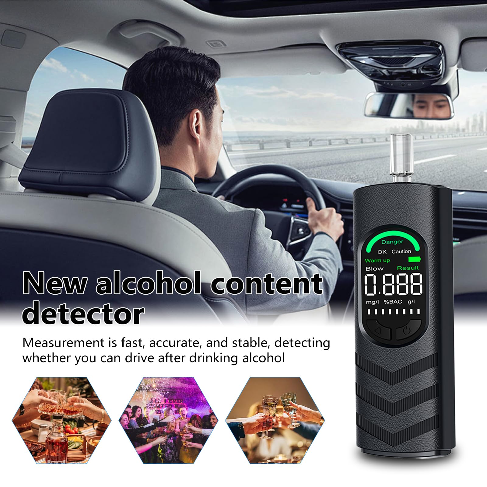 Alkoholtester, Alkoholmessgeräte Polizeigenau Promilletester mit USB-C Akku, Professioneller Alkohol Tester mit 20 Mundstücken und Digitaler LCD Bildschirm