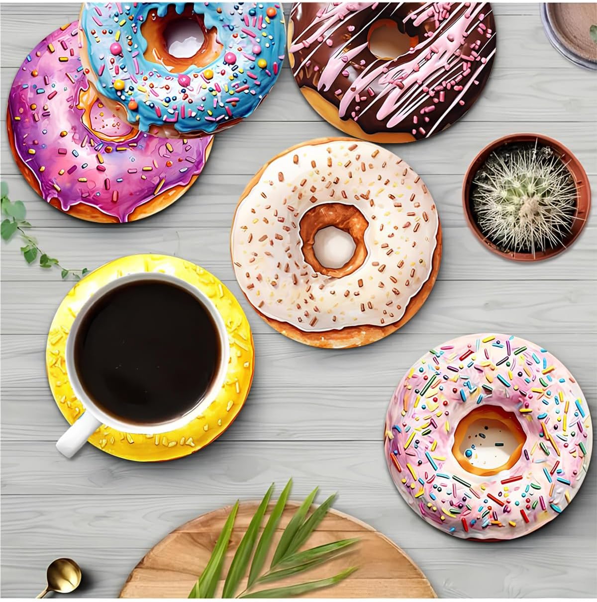 Renkli Donut Tasarımlı 6’lı MDF Bardak Altlığı Seti – 10 cm BRD-033