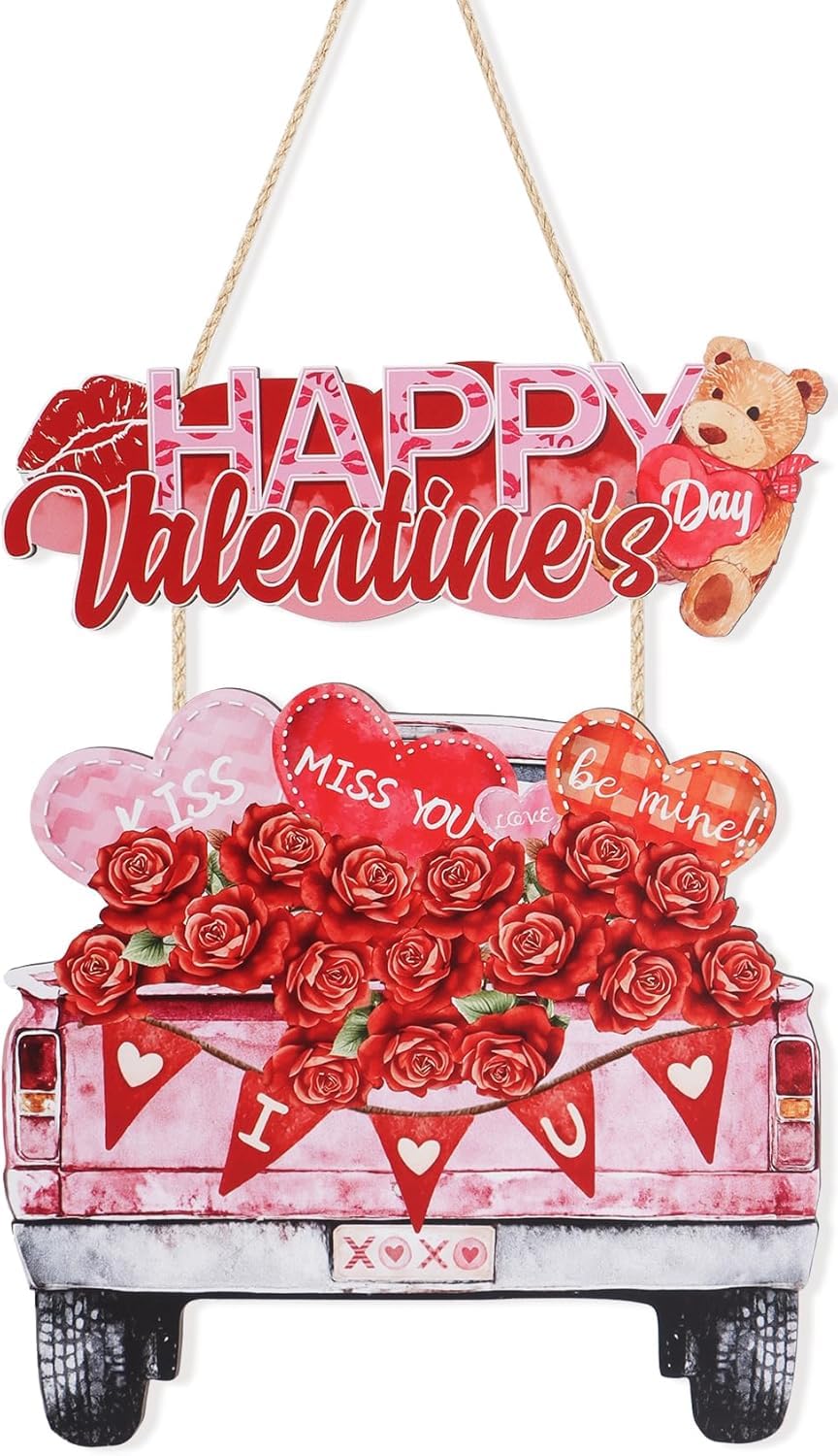 ANHUIB Valentines Day Door Decor Happy Valentine's Day Sign I Love You Wall Signs Valentine Wall Art Truck Heart Door Wooden Plaque for Front Door Party Wedding Engagement Anniversaries Girls Gift — image 1