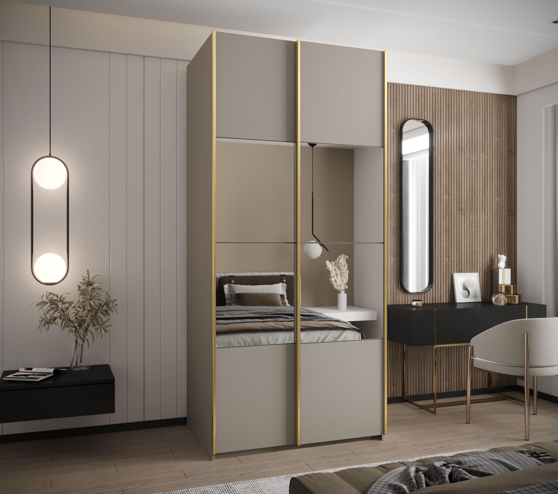 Armoire 2 Portes Coulissantes LUX 4 Avec Miroir Central - 245,5x110x64 Cm, Système HETTICH Silencieux, Coloris Artisan - 8