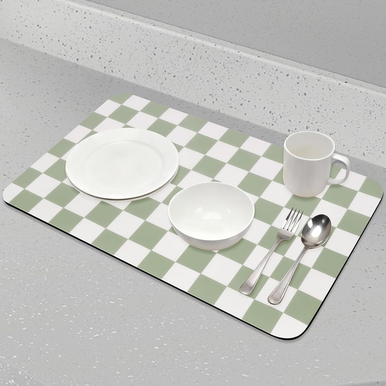 CooRug Checkered Dish Drying Mat for Kitchen Counter, 24" x 16", Green image 5