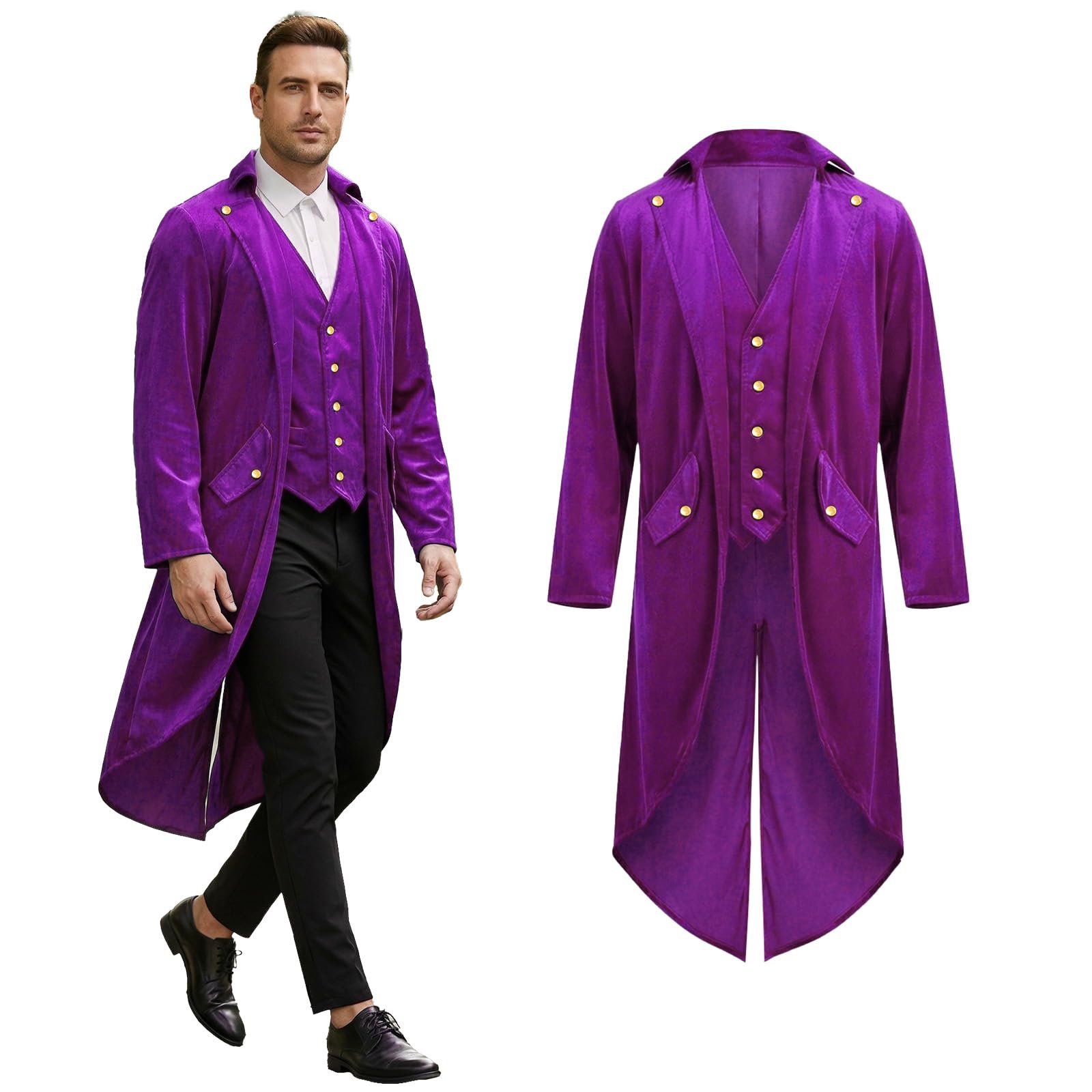 Crubelon Men's Gothic Steampunk Tailcoat – Long Victorian Jacket with Golden Buttons – Elegant Medieval & Renaissance Costume for Halloween, Carnival, and Cosplay Events (Purple, M)