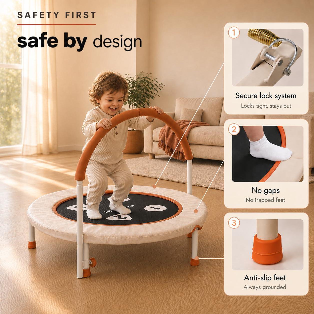 Happin Mini trampolino per bambini da 91,4 cm, per interni, pieghevole, per interni ed esterni, con imbottitura ultra sicura, manubrio regolabile in schiuma, silenzioso, per bambini dai 2 ai 6 anni