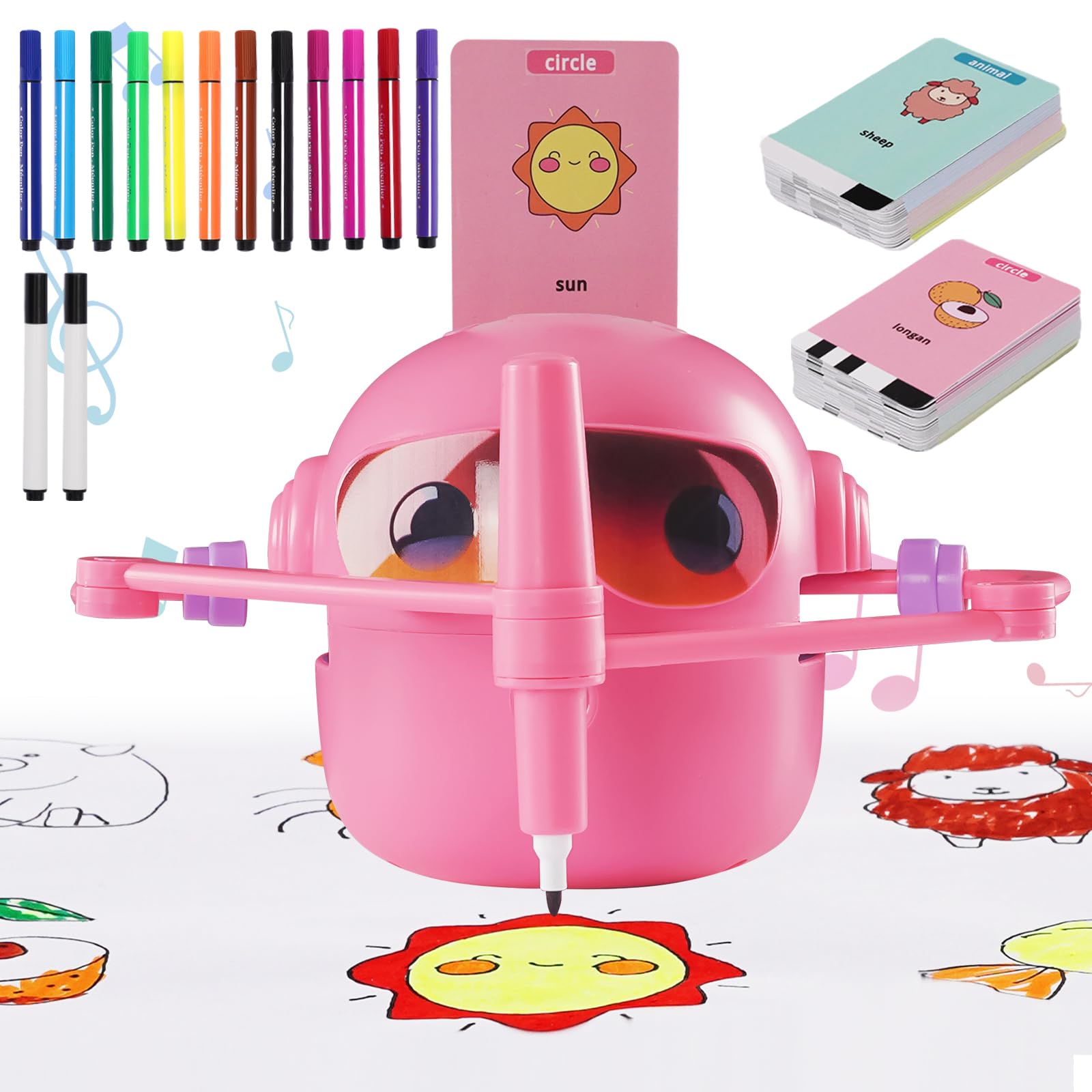 Roboticador de Dibujos para Niños,Drawing Robot Educativo Interactivo con Interacción de Voz,100 Tarjetas y 14 Lápices,Robots Inteligente Juguete,para Niños Niñas 3+ Años (Rosa)