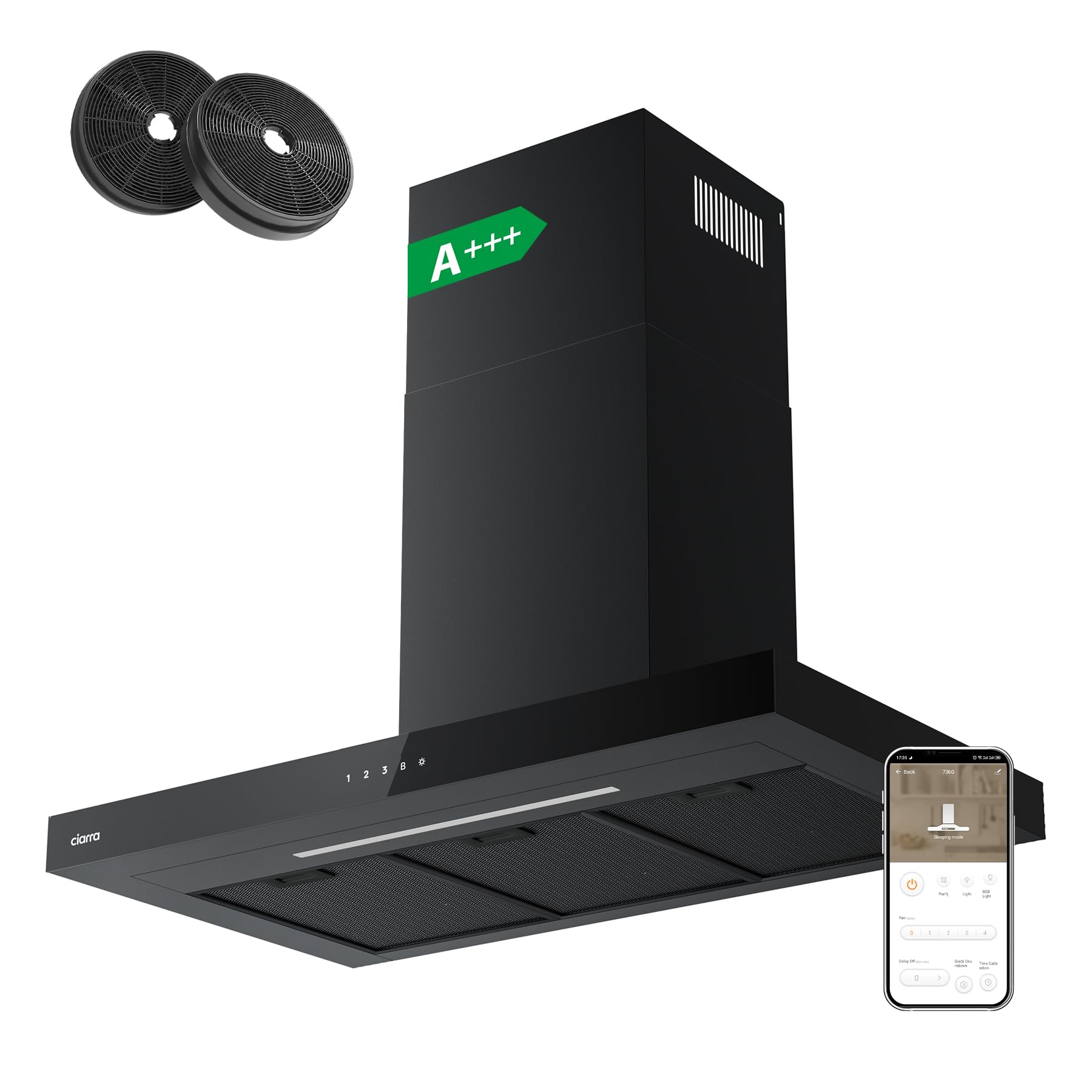 CIARRA CBCB9102 Campana Extractora 90 cm 650 m³/h Control Táctil 4 Velocidades Recirculación Interna con Filtro Carbono Negro