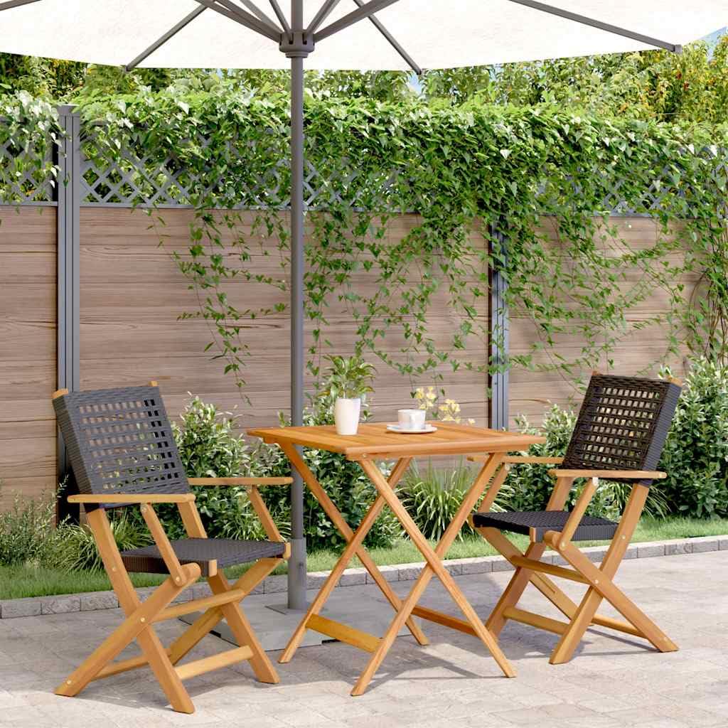 Set da bistrò da giardino, 3 pezzi, nero, in polyrattan e legno massello di acacia, tavolo da giardino pieghevole con 2 sedie, per balcone, terrazza, cortile