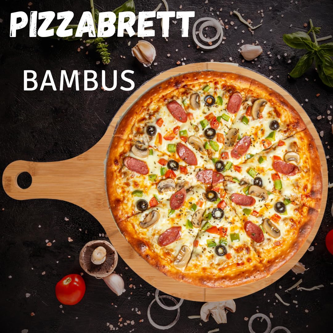 hausleben Lot de 6 Planches à Pizza en Bambou 33 cm – Planche Ronde avec Poignée et Rainures de Découpe – Plateau de Service pour Pizza, Flammekueche, Apéritif et Cuisine
