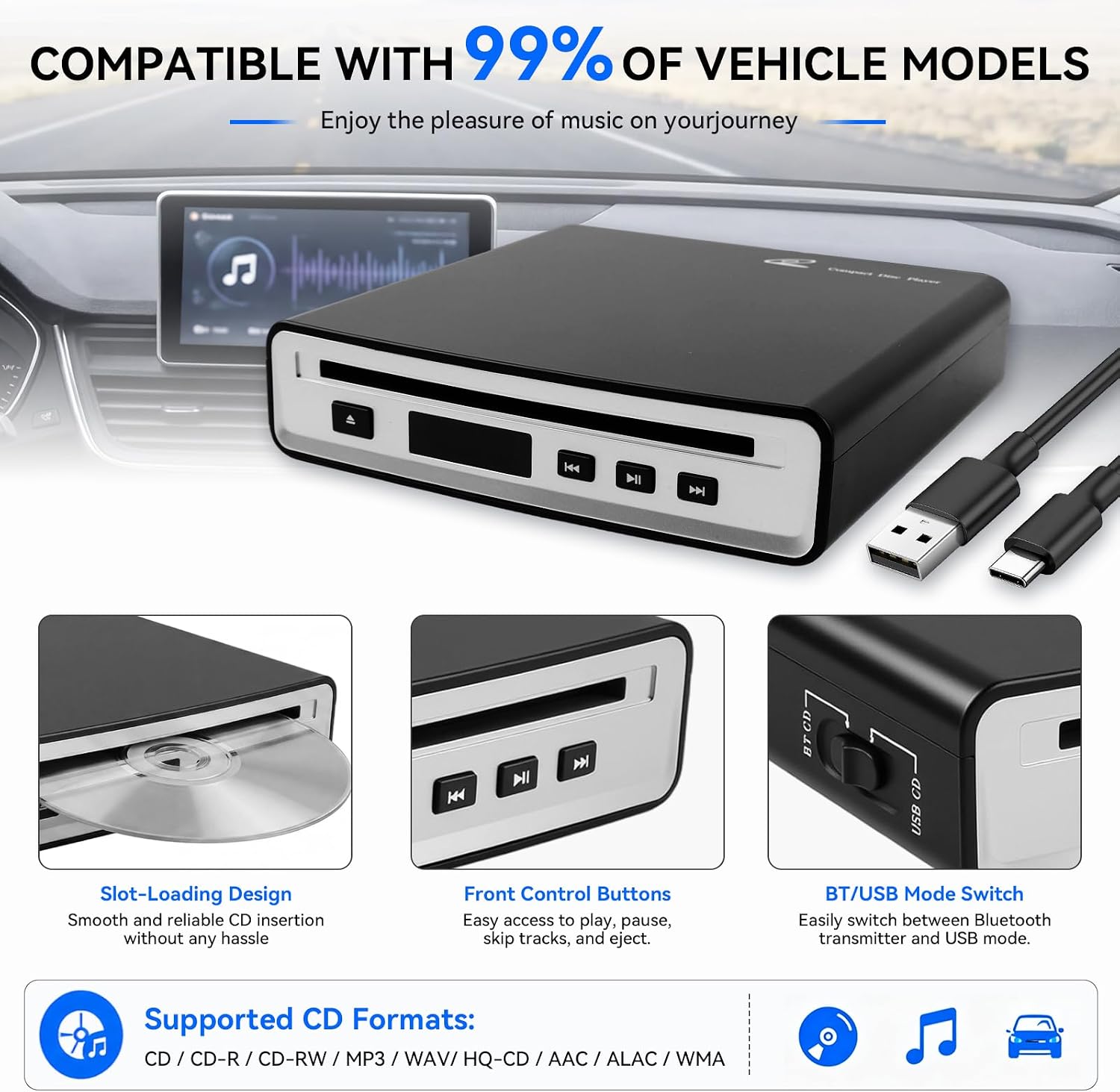 Portable External Bluetooth CD Player for Car | Supports Type-C/USB Connections | Compatible Laptop, MacBook,TV, Bluetooth Speaker Android 4.4 and Above Navigation | High-Fidelity Sound Quality image 4