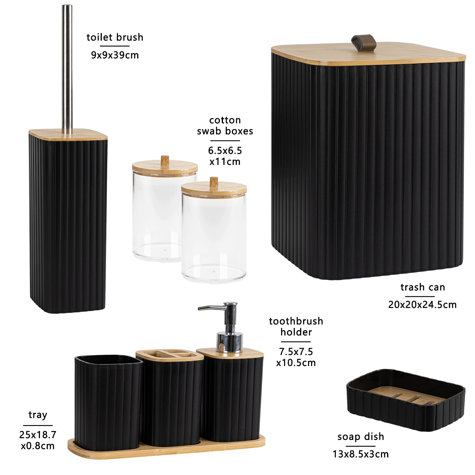 Capslpad Set di 9 accessori da bagno moderni con cestino, scopino per WC, portaspazzolino, tazza per spazzolino da denti, dispenser di sapone per lozione, portasapone, porta Qtip, vassoio per la