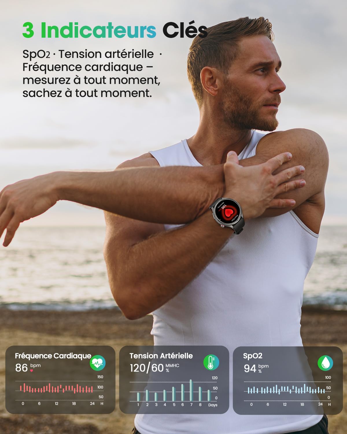 Montre Connectée Homme avec ECG, VFC, Tension Artérielle, AI-GPT, Noir
