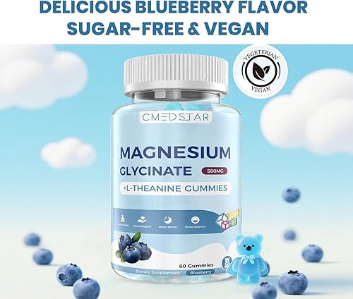 Miniatura 6 de Gomitas de glicinato de magnesio con L-teanina, Ashwagandha y extracto de manzanilla, calma, sueño, alivio del estrés para adultos y niños, sin
