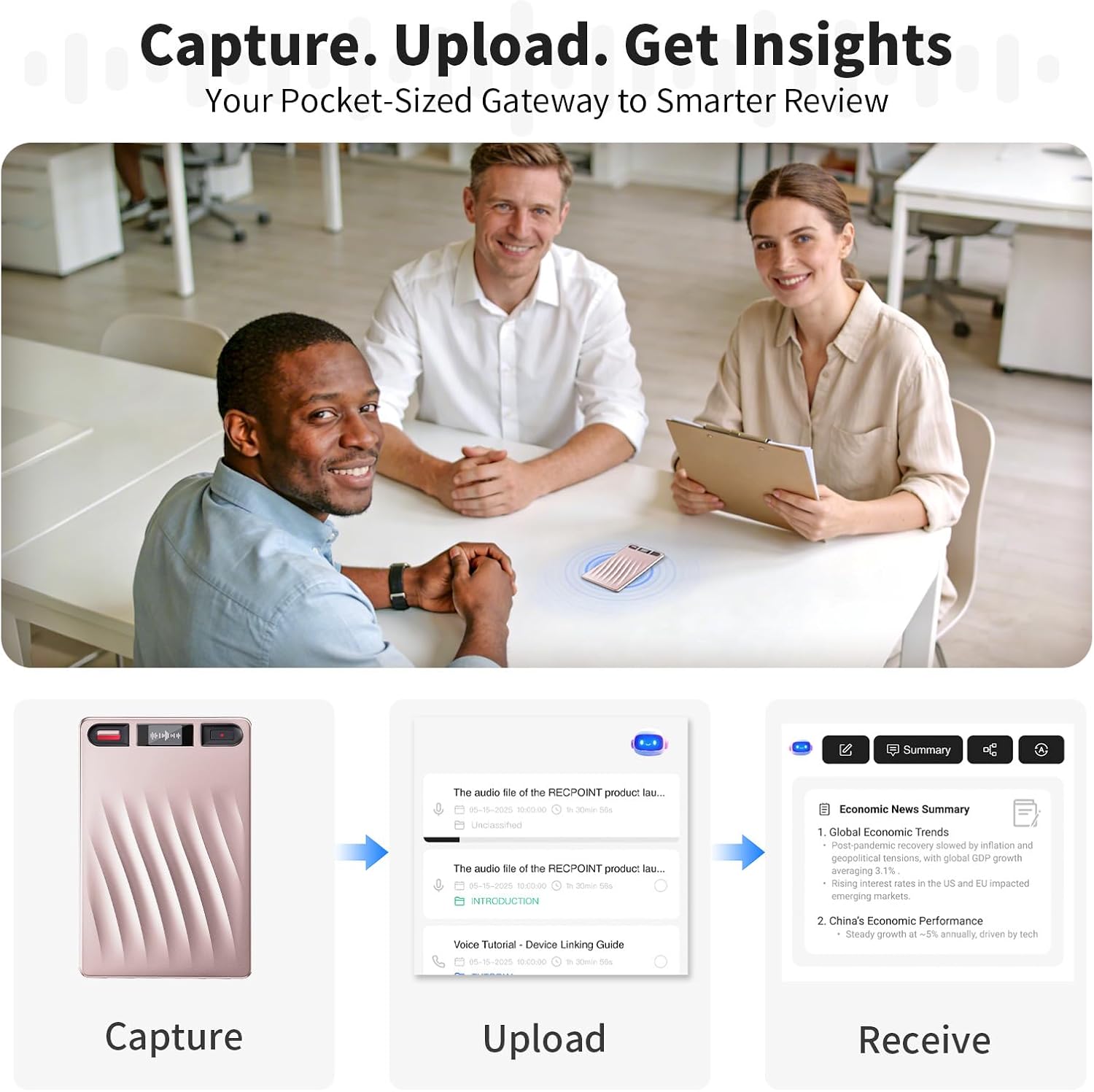 AI Voice Recorder, Professional Voice Activated Recorder with AI Transcription & Summarize, 64GB Storage, 30H Battery, Noise Cancellation and AI Note Taker for Meetings and Interviews & calls
