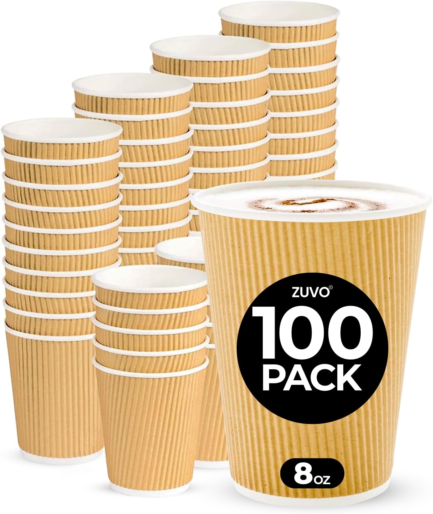 Zuvo Coffee Cups 8 OZ - NO Lids - 100 Disposable Brown Ripple Coffee Cups - Ideal for Takeaways