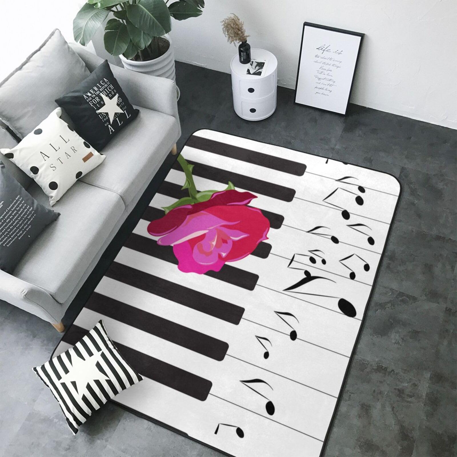 Musica astratta per pianoforte e fiori di rosa rossa, Tappeto grande antiscivolo per soggiorno e camera da letto, 208 x 148 cm.