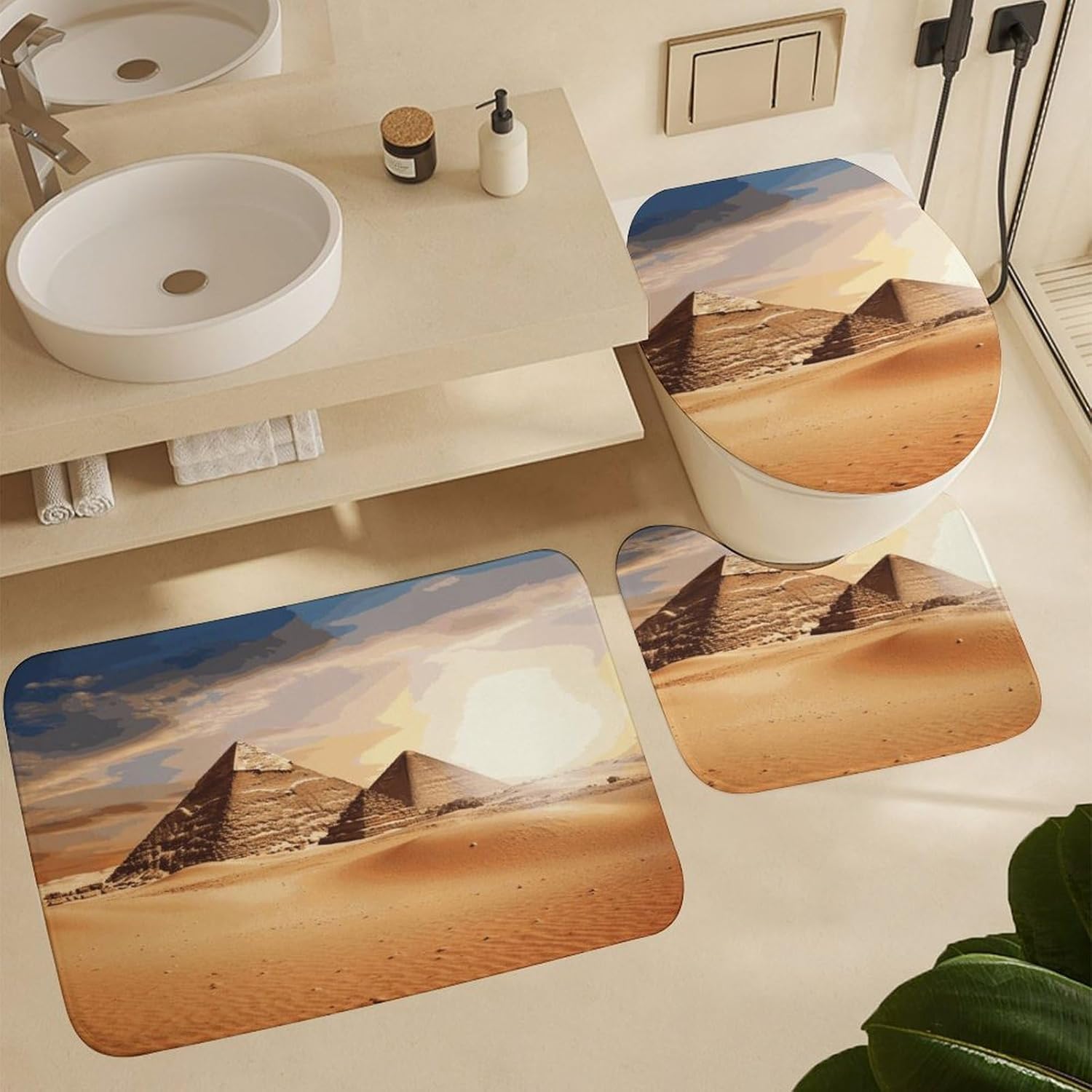 Egyptian Pyramid in Desert 4Pcs Shower Curtain Set with Non-Slip Rugs, Toilet Lid Cover and Bath Mat,Bathroom Set Decor Accessories,Curtain Set with 12 Hooks, 72 X 72 Inch