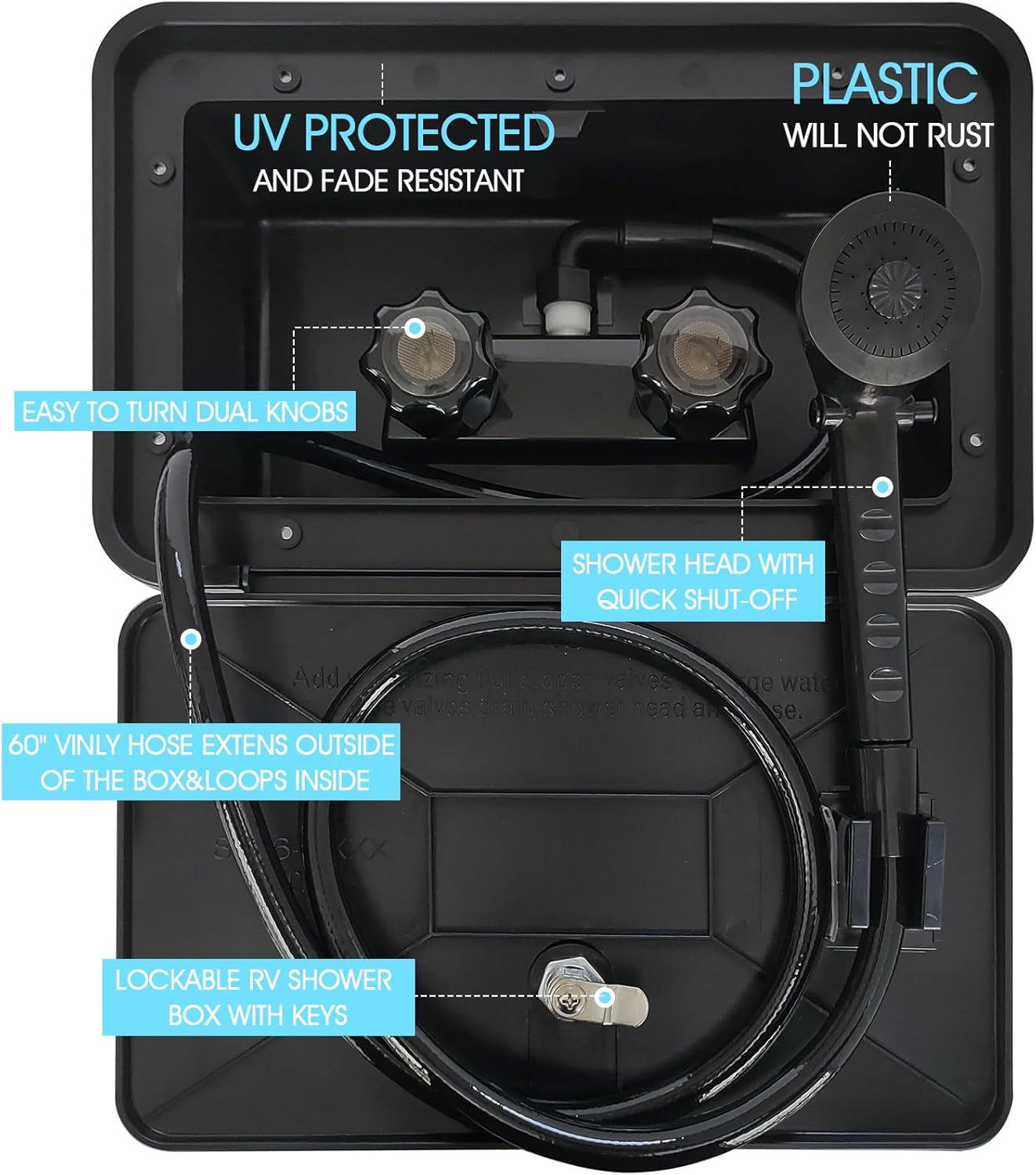 RV Exterior Shower Box Kit RV Outdoor Shower with Camper RV Outside Showers Faucet Valve + Coiled Hose + Sprayer Head + Lock, Replacement for Camper,Van,Travel Trailer,Motorhome and Boat,Black