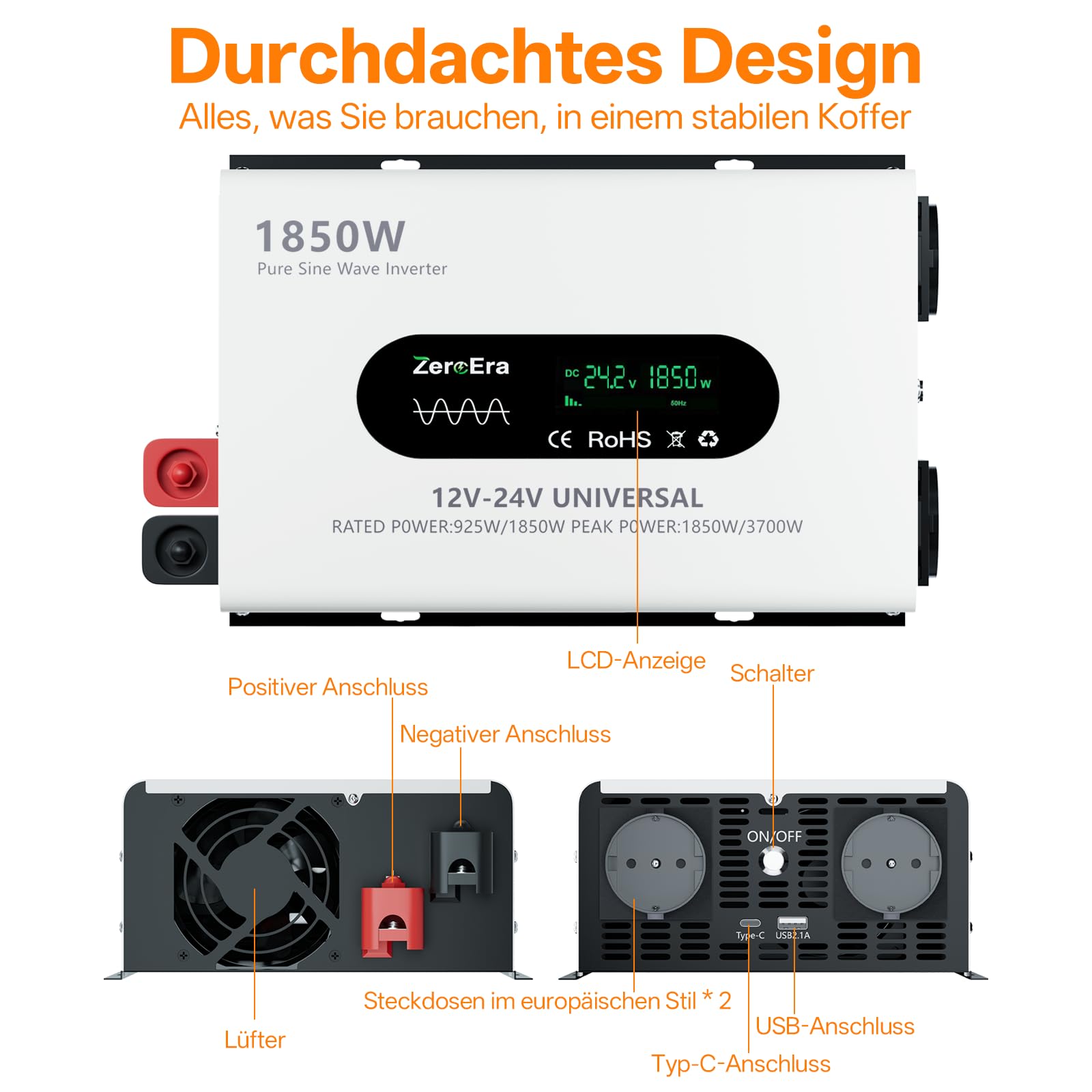 Wechselrichter 12V/24V auf 230V,KFZ Spannungswandler,Nennleistung 925W/1850W,Spitzenleistung 1850W/3700​W,Reiner Sinus,LCD,intelligente Erkennung,2 EU-Buchse,1 Typ C,2.1A USB-Anschluss,Fernbedienung